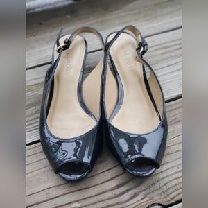 Talbots Black Patent Leather Peep Toe Slingback Shoes